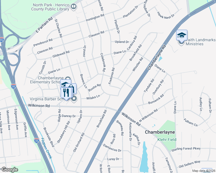 map of restaurants, bars, coffee shops, grocery stores, and more near 6310 Fredonia Road in Richmond