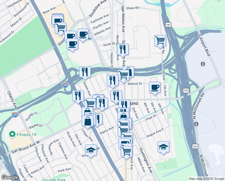 map of restaurants, bars, coffee shops, grocery stores, and more near 875 Huntington Avenue in San Bruno