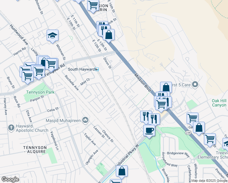 map of restaurants, bars, coffee shops, grocery stores, and more near 29163 Dixon Street in Hayward
