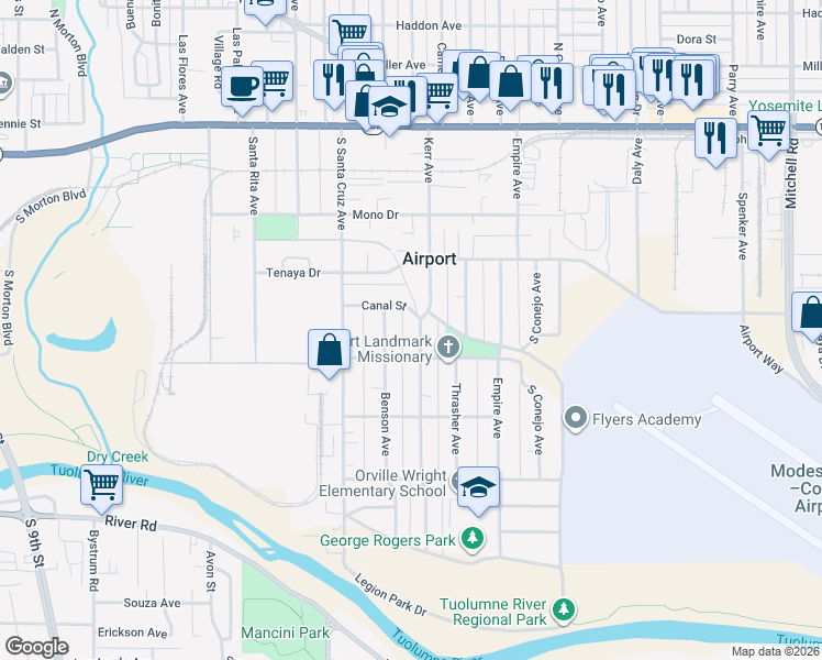 map of restaurants, bars, coffee shops, grocery stores, and more near 509 Kerr Avenue in Modesto