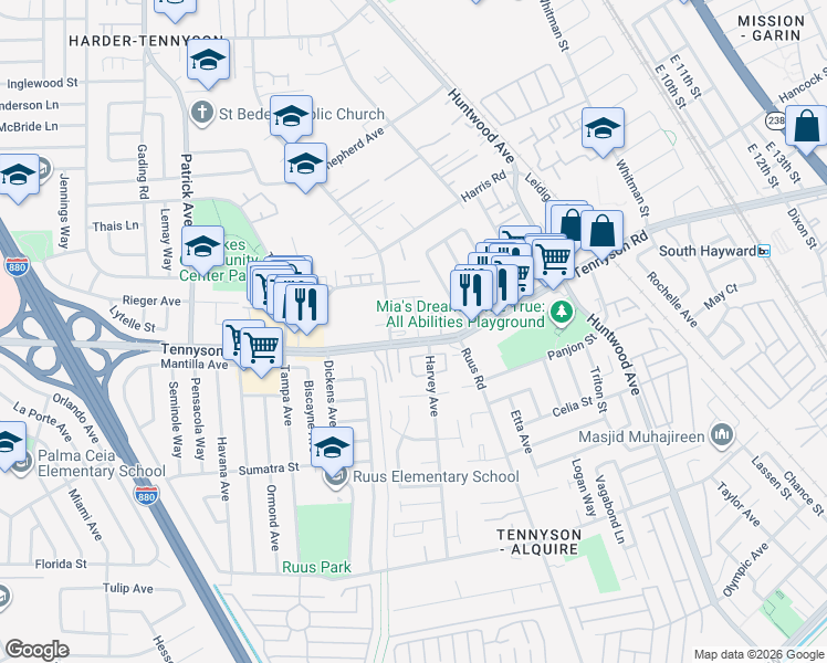 map of restaurants, bars, coffee shops, grocery stores, and more near 27750 Tyrrell Avenue in Hayward