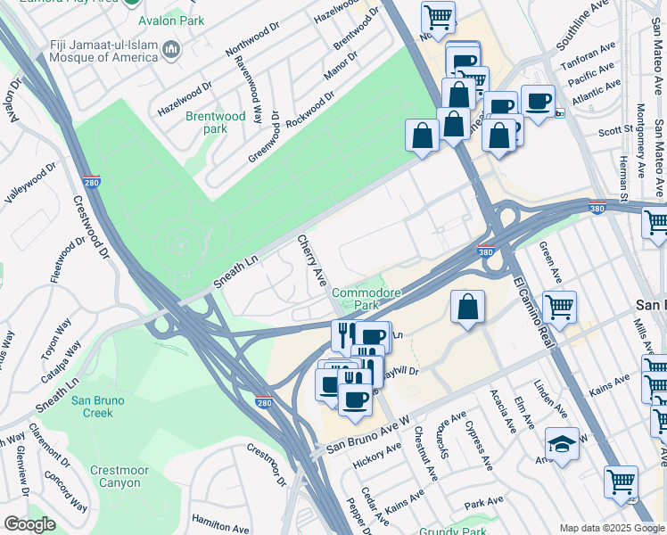 map of restaurants, bars, coffee shops, grocery stores, and more near 304 Cherry Avenue in San Bruno