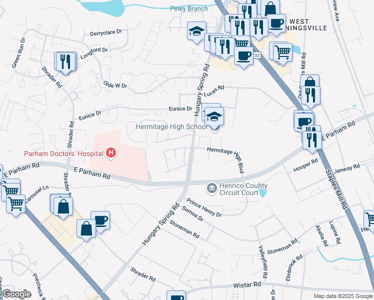map of restaurants, bars, coffee shops, grocery stores, and more near 7522 Hudgins Road in Henrico
