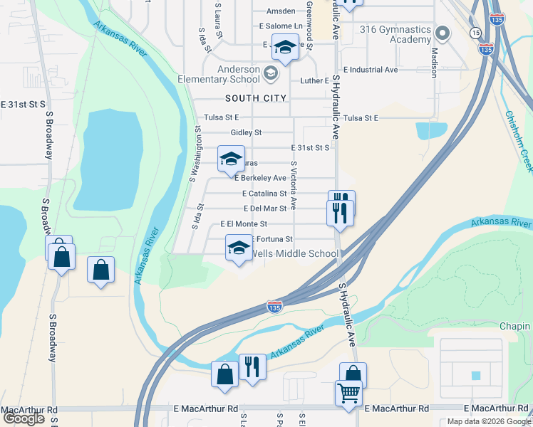 map of restaurants, bars, coffee shops, grocery stores, and more near 1315 E Del Mar St in Wichita