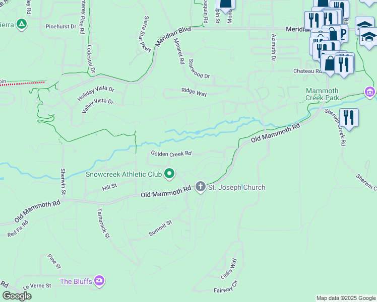 map of restaurants, bars, coffee shops, grocery stores, and more near 502 Golden Creek Road in Mammoth Lakes