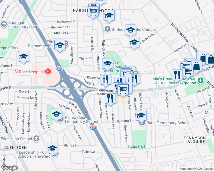 map of restaurants, bars, coffee shops, grocery stores, and more near 27474 Patrick Ave in Hayward