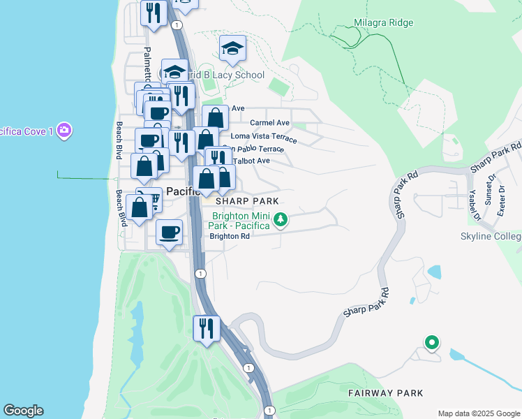 map of restaurants, bars, coffee shops, grocery stores, and more near 420 Pacific Avenue in Pacifica