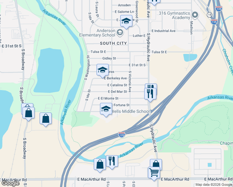 map of restaurants, bars, coffee shops, grocery stores, and more near 1315 E Del Mar St in Wichita