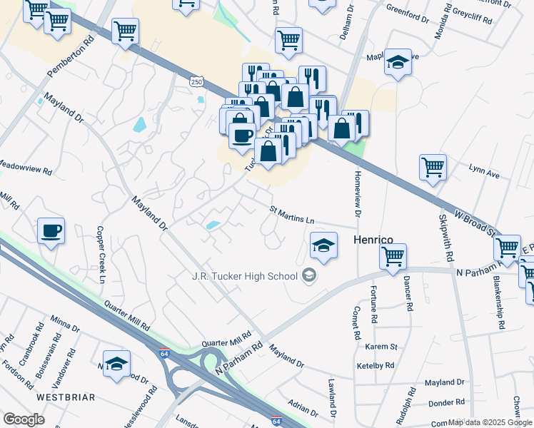 map of restaurants, bars, coffee shops, grocery stores, and more near 9008 Horrigan Court in Henrico