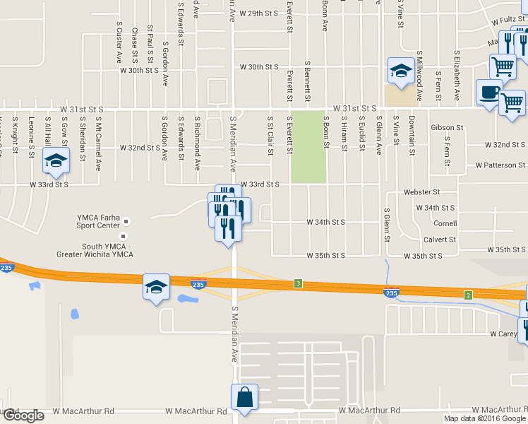 map of restaurants, bars, coffee shops, grocery stores, and more near 3449 S St Clair St in Wichita