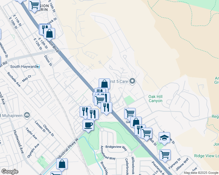 map of restaurants, bars, coffee shops, grocery stores, and more near 675 Overhill Drive in Hayward