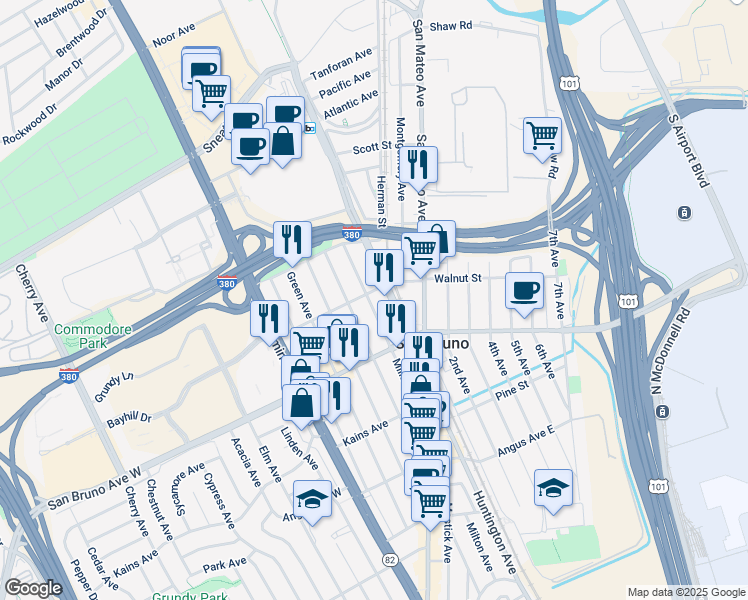 map of restaurants, bars, coffee shops, grocery stores, and more near 888 Mills Avenue in San Bruno