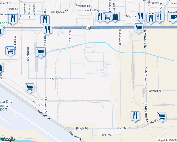 map of restaurants, bars, coffee shops, grocery stores, and more near 530 El Roya Avenue in Modesto