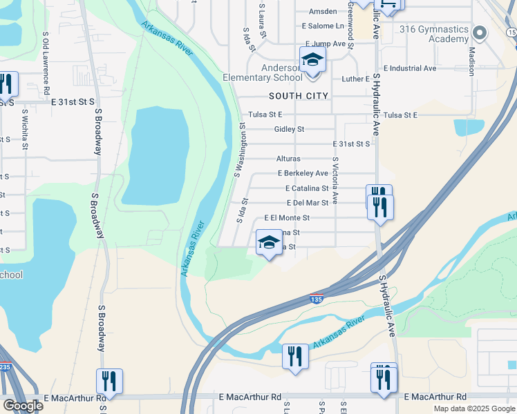 map of restaurants, bars, coffee shops, grocery stores, and more near 1115 Del Mar Street in Wichita