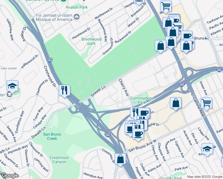 map of restaurants, bars, coffee shops, grocery stores, and more near 145 Piccadilly Place in San Bruno