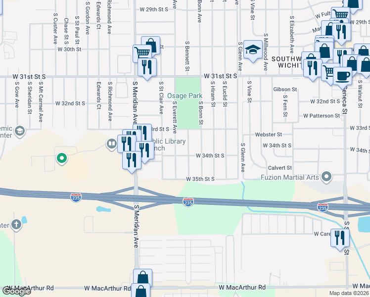 map of restaurants, bars, coffee shops, grocery stores, and more near 3445 South Bennett Street in Wichita
