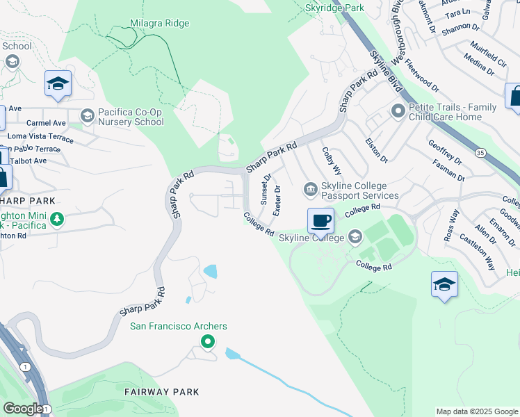 map of restaurants, bars, coffee shops, grocery stores, and more near 3680 Sunset Drive in San Bruno