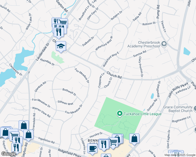 map of restaurants, bars, coffee shops, grocery stores, and more near 12924 Copperas Lane in Richmond