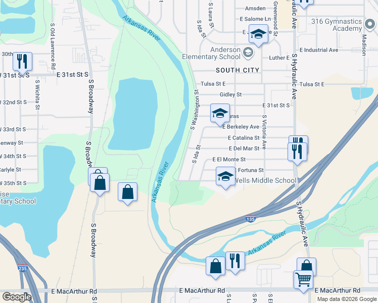 map of restaurants, bars, coffee shops, grocery stores, and more near 3402 South Washington Avenue in Wichita