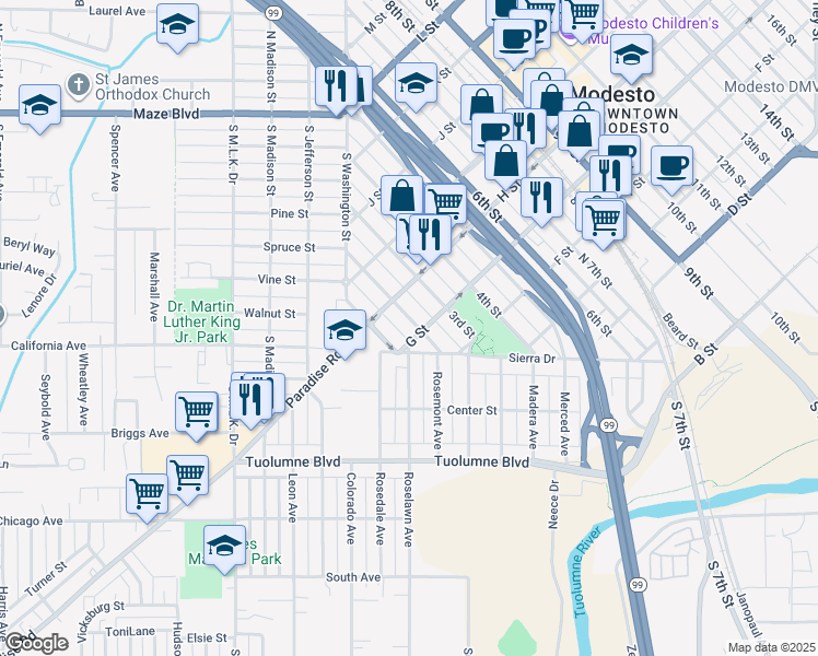 map of restaurants, bars, coffee shops, grocery stores, and more near 705 2nd Street in Modesto