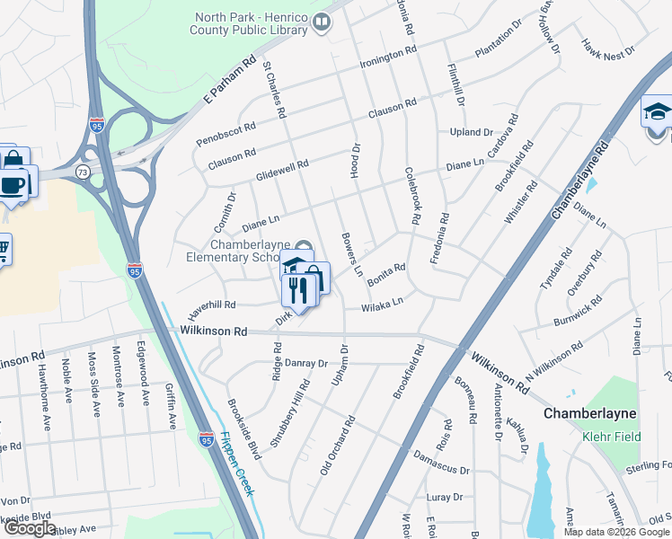 map of restaurants, bars, coffee shops, grocery stores, and more near 1006 Dirk Drive in Richmond