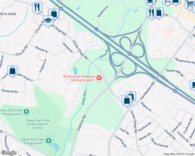map of restaurants, bars, coffee shops, grocery stores, and more near 10211 Three Chopt Road in Richmond