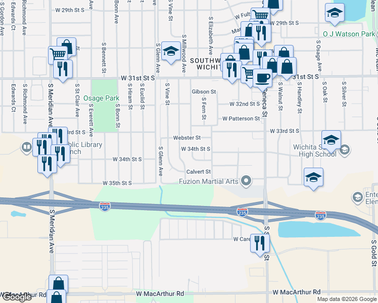 map of restaurants, bars, coffee shops, grocery stores, and more near 3507 Cornell in Wichita