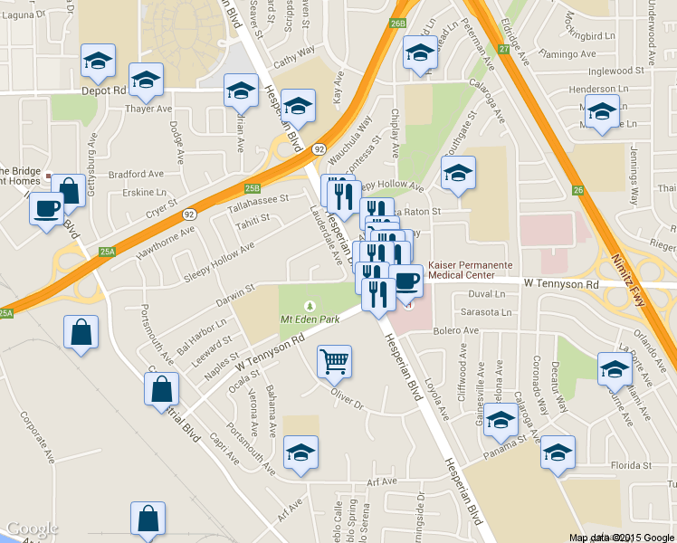 map of restaurants, bars, coffee shops, grocery stores, and more near 26975 Lauderdale Avenue in Hayward