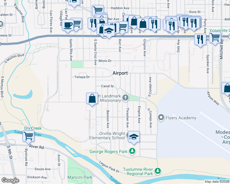 map of restaurants, bars, coffee shops, grocery stores, and more near 509 Kerr Avenue in Modesto