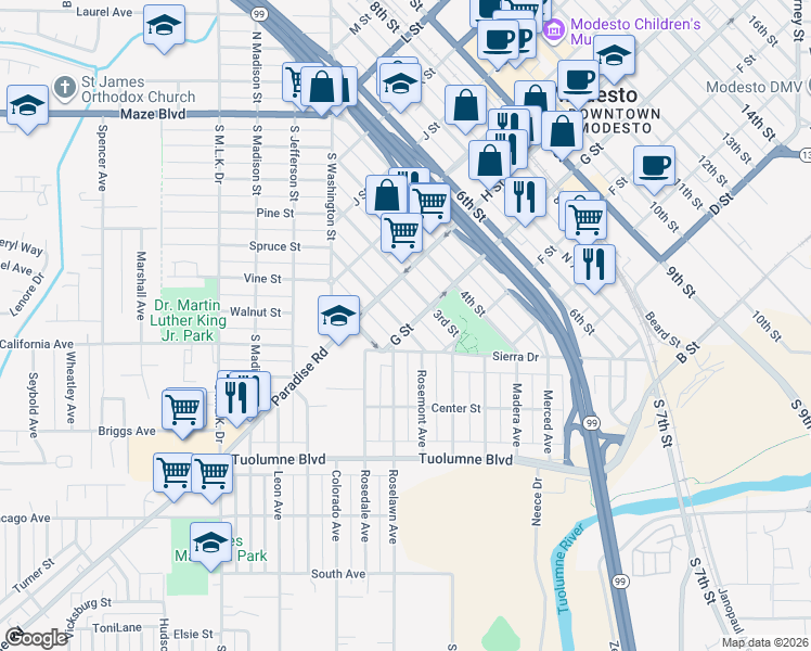 map of restaurants, bars, coffee shops, grocery stores, and more near 705 2nd Street in Modesto