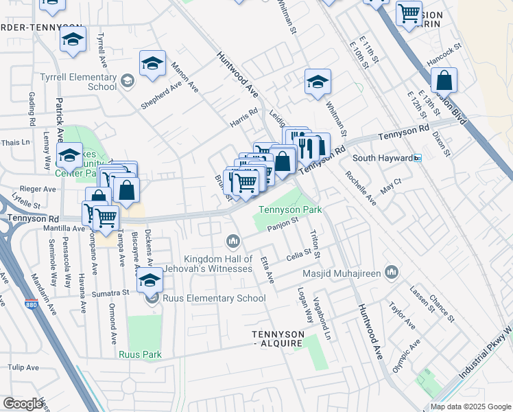 map of restaurants, bars, coffee shops, grocery stores, and more near 502 West Tennyson Road in Hayward