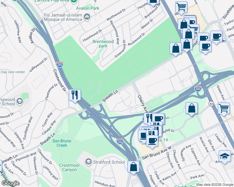 map of restaurants, bars, coffee shops, grocery stores, and more near 401 Sneath Lane in San Bruno