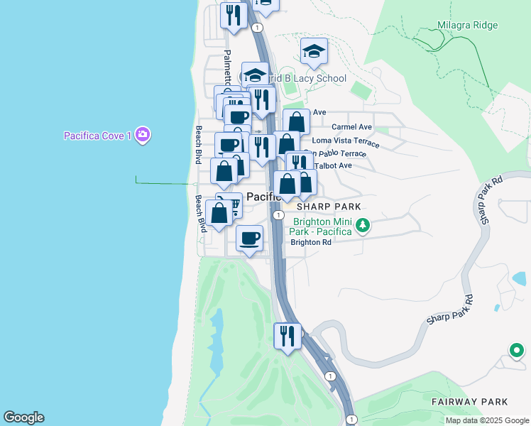 map of restaurants, bars, coffee shops, grocery stores, and more near 2240 Francisco Boulevard in Pacifica