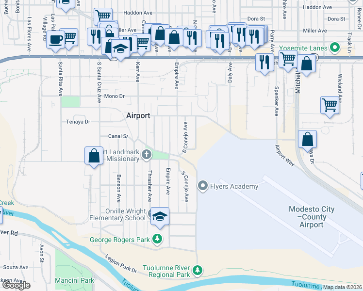 map of restaurants, bars, coffee shops, grocery stores, and more near 429 South Conejo Avenue in Modesto