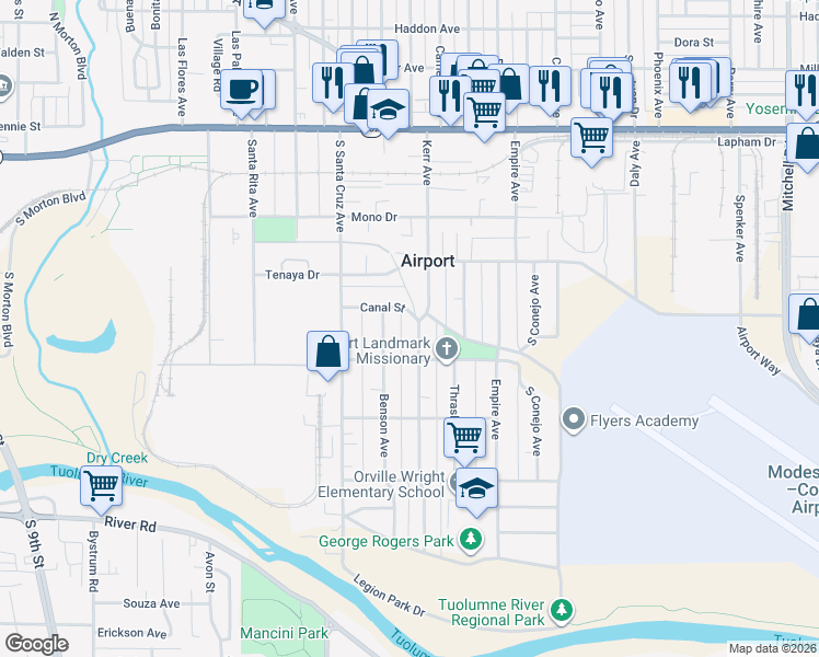 map of restaurants, bars, coffee shops, grocery stores, and more near 509 Kerr Avenue in Modesto