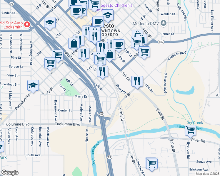 map of restaurants, bars, coffee shops, grocery stores, and more near 321 North 7th Street in Modesto