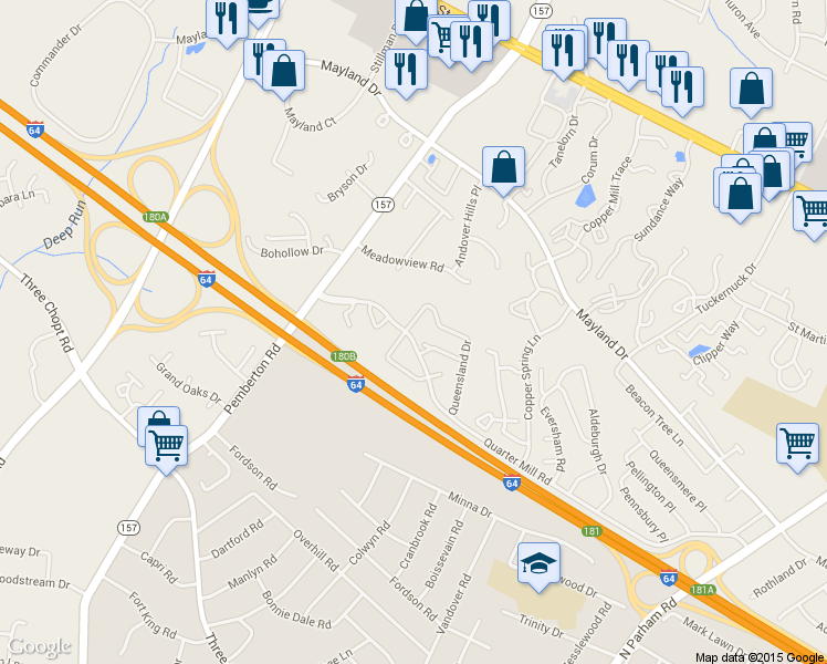 map of restaurants, bars, coffee shops, grocery stores, and more near 2980 Queensland Drive in Richmond