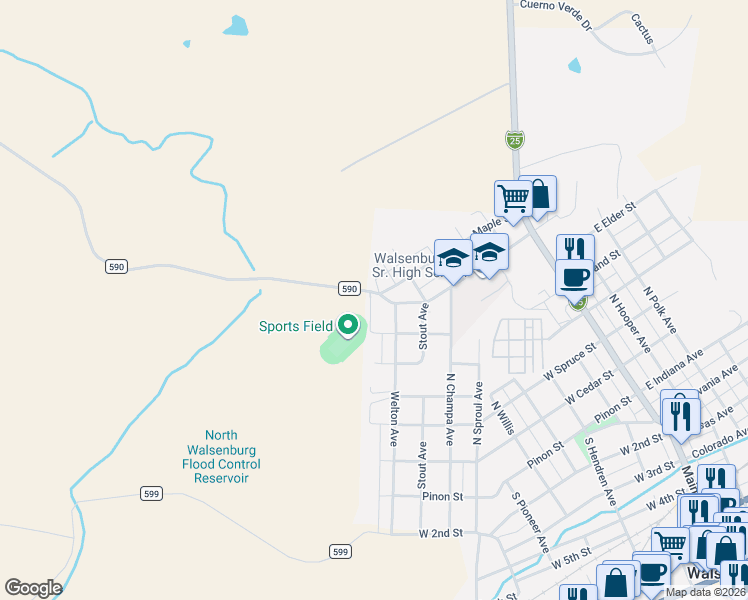 map of restaurants, bars, coffee shops, grocery stores, and more near Co Road 590 in Walsenburg