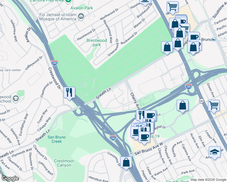 map of restaurants, bars, coffee shops, grocery stores, and more near 143 Piccadilly Place in San Bruno