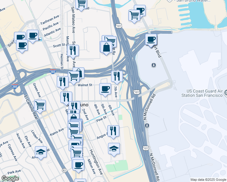 map of restaurants, bars, coffee shops, grocery stores, and more near 857 7th Avenue in San Bruno