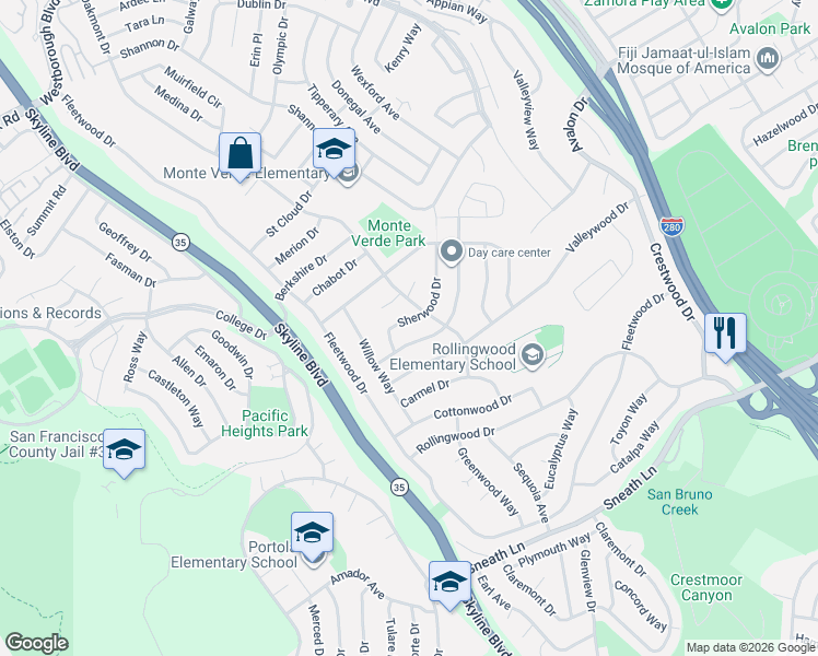 map of restaurants, bars, coffee shops, grocery stores, and more near 2761 Sherwood Drive in San Bruno