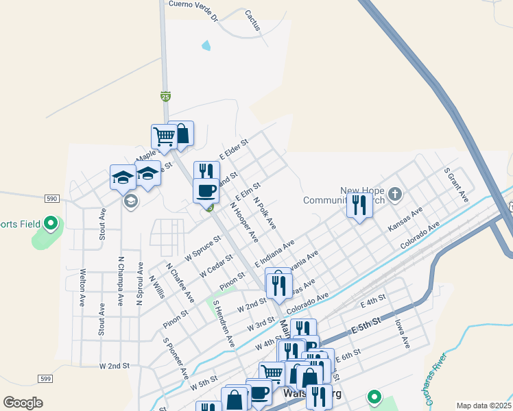 map of restaurants, bars, coffee shops, grocery stores, and more near 401-499 N Polk Ave in Walsenburg