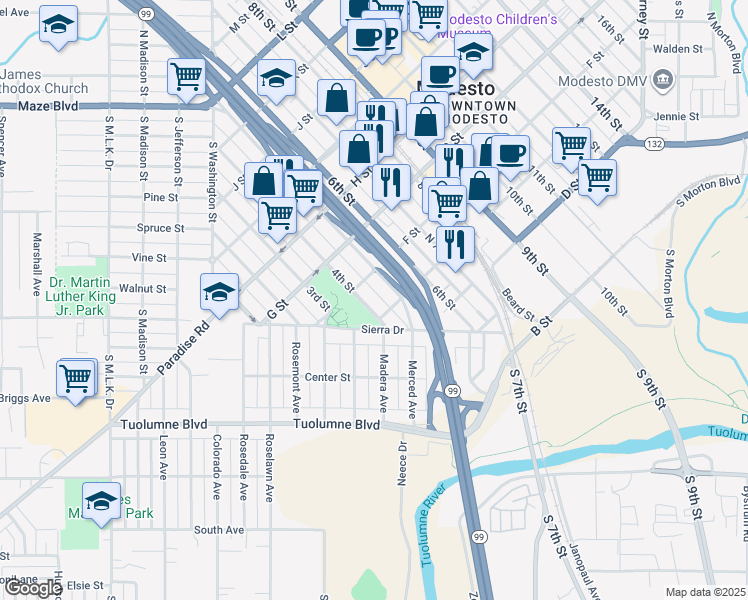 map of restaurants, bars, coffee shops, grocery stores, and more near 514 4th St in Modesto