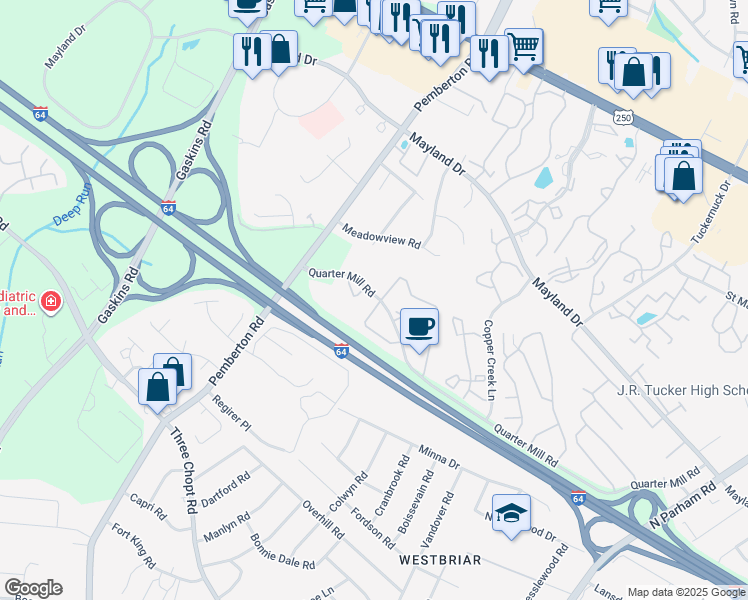 map of restaurants, bars, coffee shops, grocery stores, and more near 3072 Montfort Loop in Richmond