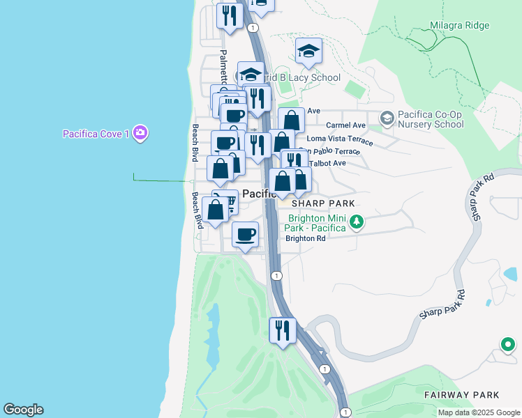 map of restaurants, bars, coffee shops, grocery stores, and more near 2240 Francisco Boulevard in Pacifica