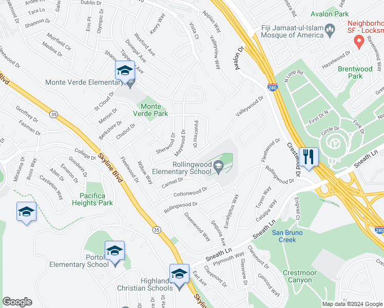 map of restaurants, bars, coffee shops, grocery stores, and more near 2540 Valleywood Drive in San Bruno