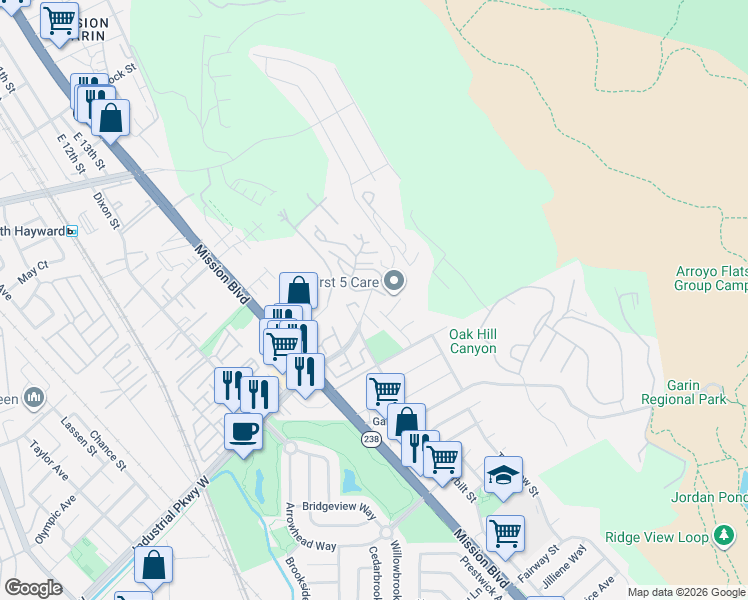 map of restaurants, bars, coffee shops, grocery stores, and more near 675 Alquire Parkway in Hayward