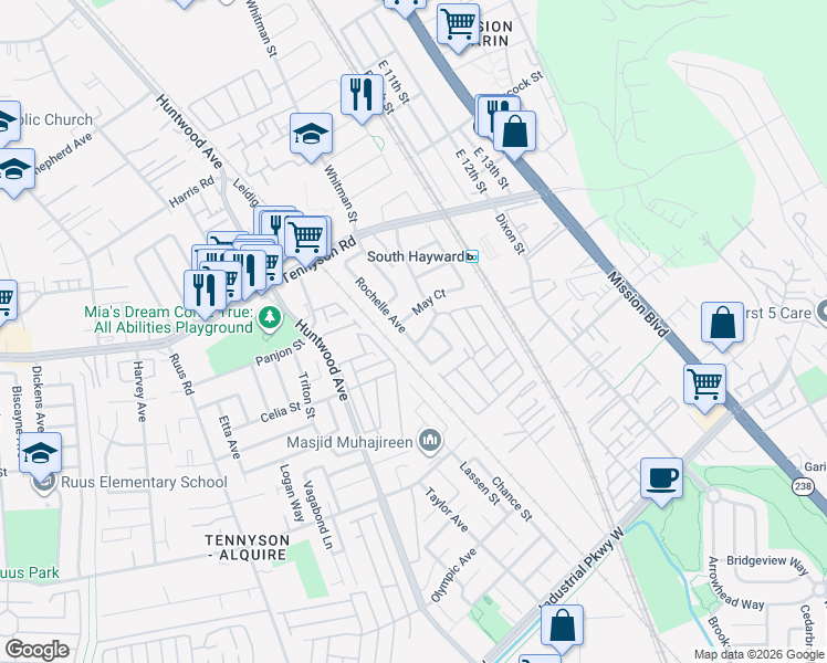 map of restaurants, bars, coffee shops, grocery stores, and more near 28756 Rochelle Avenue in Hayward