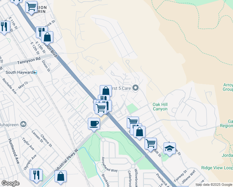 map of restaurants, bars, coffee shops, grocery stores, and more near 698 Overhill Drive in Hayward