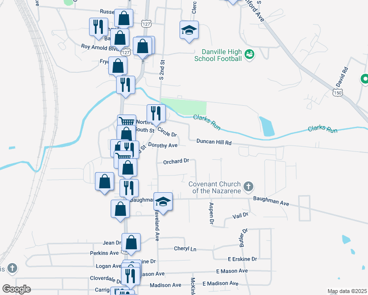 map of restaurants, bars, coffee shops, grocery stores, and more near 223 Dorothy Avenue in Danville